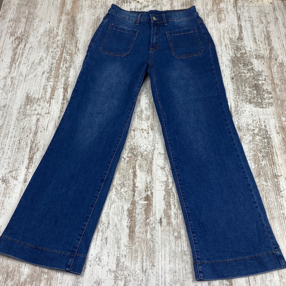KUNMI High Waisted Wide Leg Jeans Womens 10 Dark Wash Patch Pocket Stretch